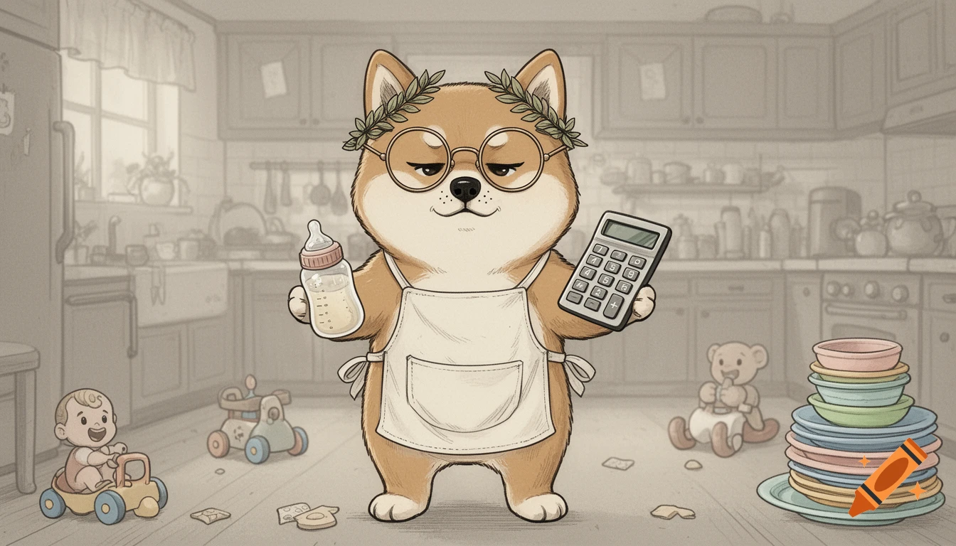 A cartoon shiba inu dog with glasses and a laurel wreath wears an apron, holding a baby bottle and a calculator in a kitchen with baby toys and dishes.