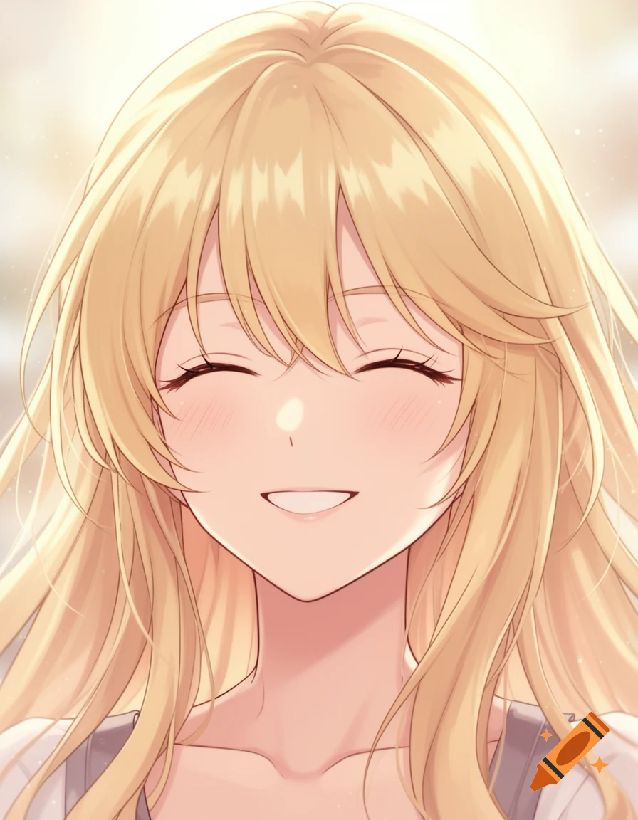 Close-up anime portrait of a smiling blonde woman with closed eyes, soft lighting.
