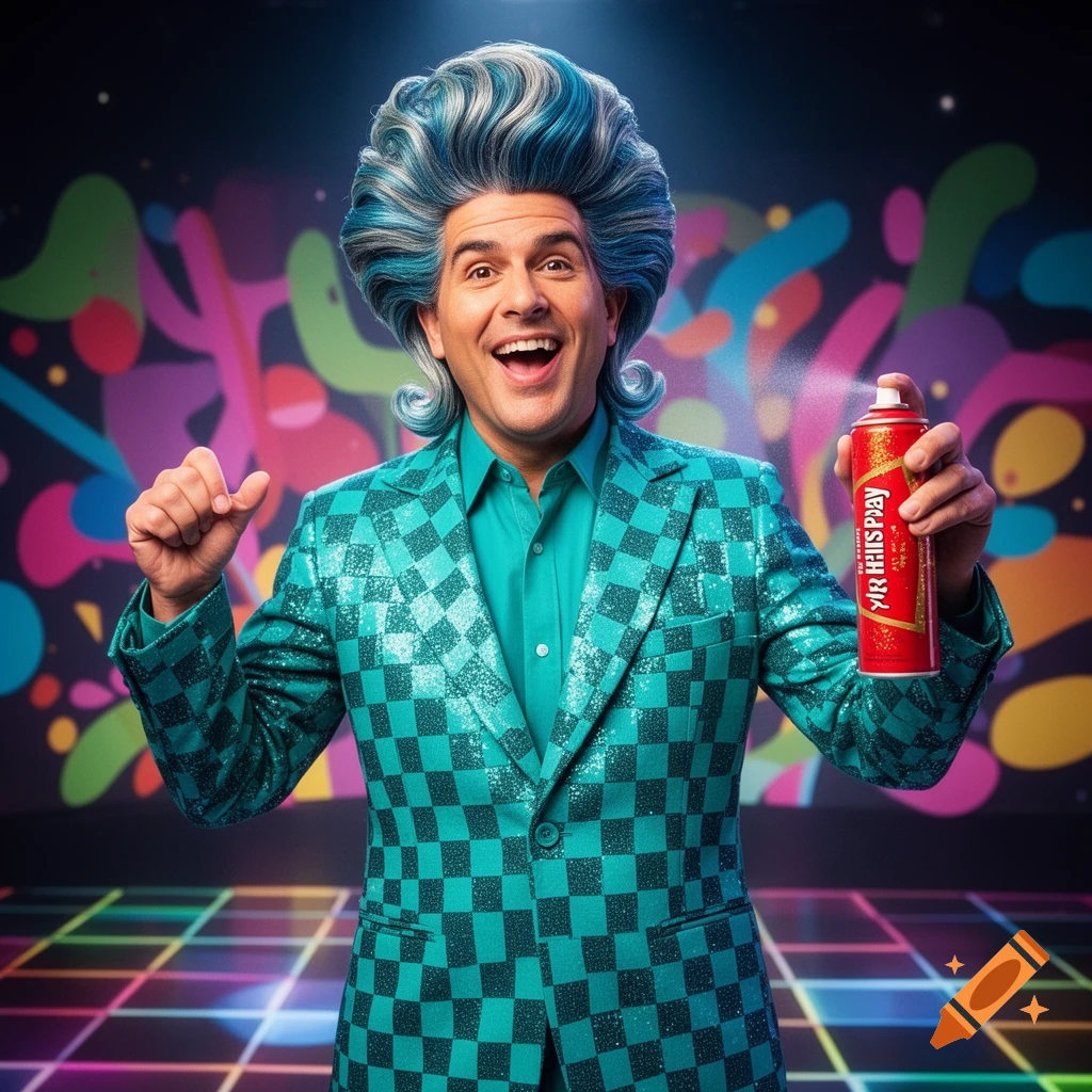 A grinning man with voluminous blue hair in a sparkling teal checkered suit holds a red hairspray can against a colorful backdrop.