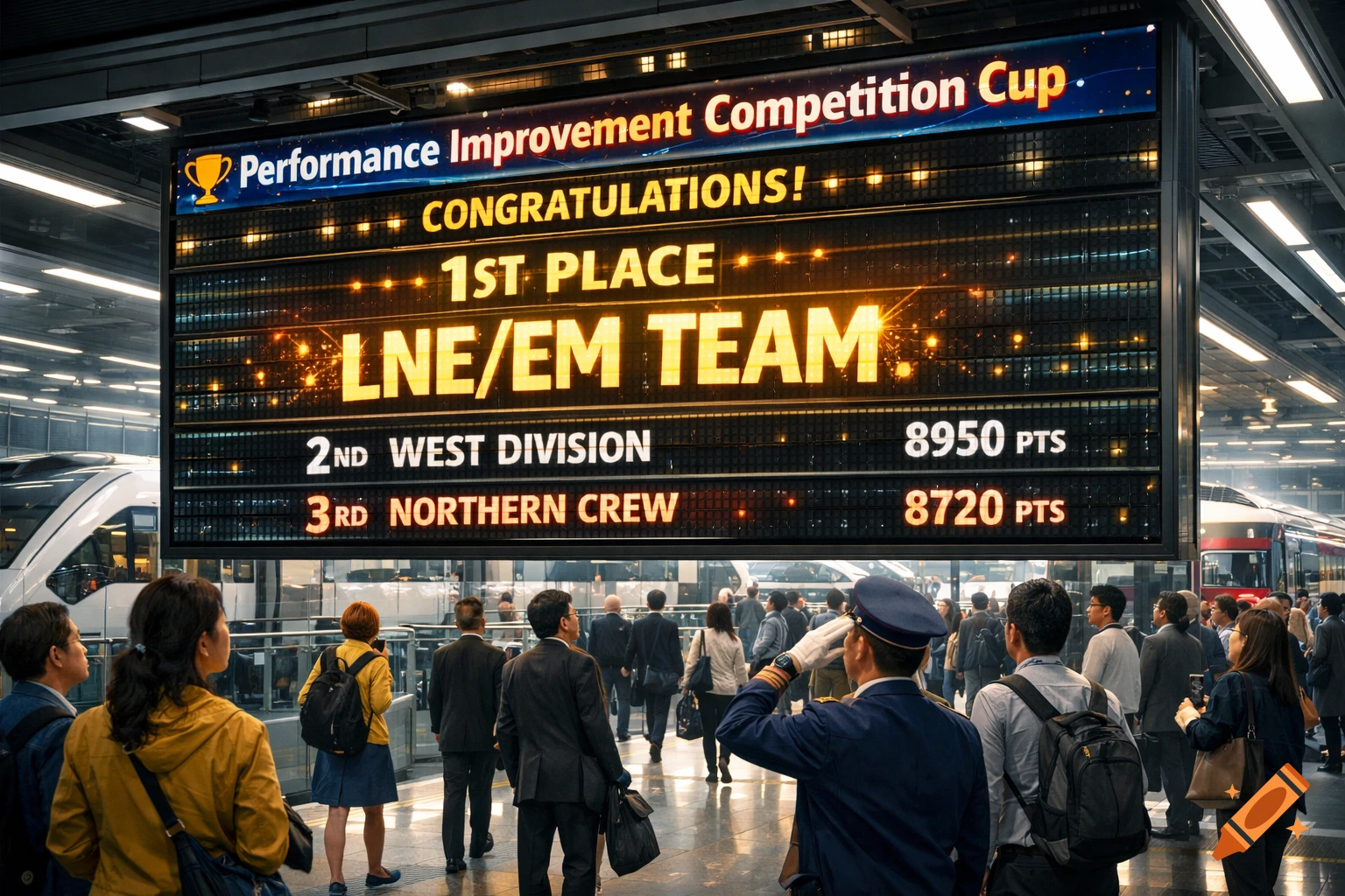 Crowd in a train station watches a large digital scoreboard announcing 'LNE/EM TEAM' as 'Performance Improvement Competition Cup' winners.