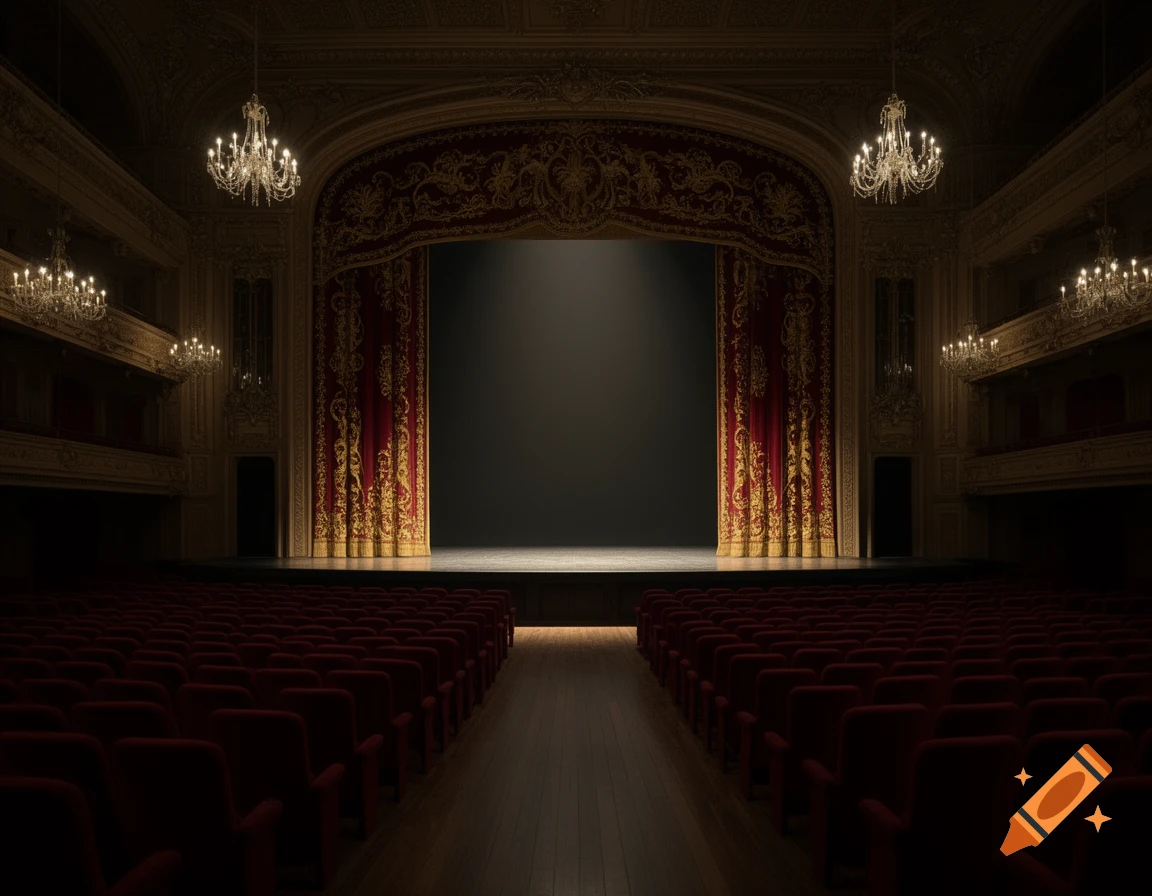 A grand, empty theater with rows of red velvet seats, an ornate gold-trimmed stage curtain, and chandeliers.