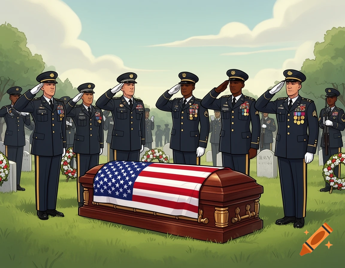 Cartoon of military officers saluting a flag-draped coffin at a cemetery during a funeral.
