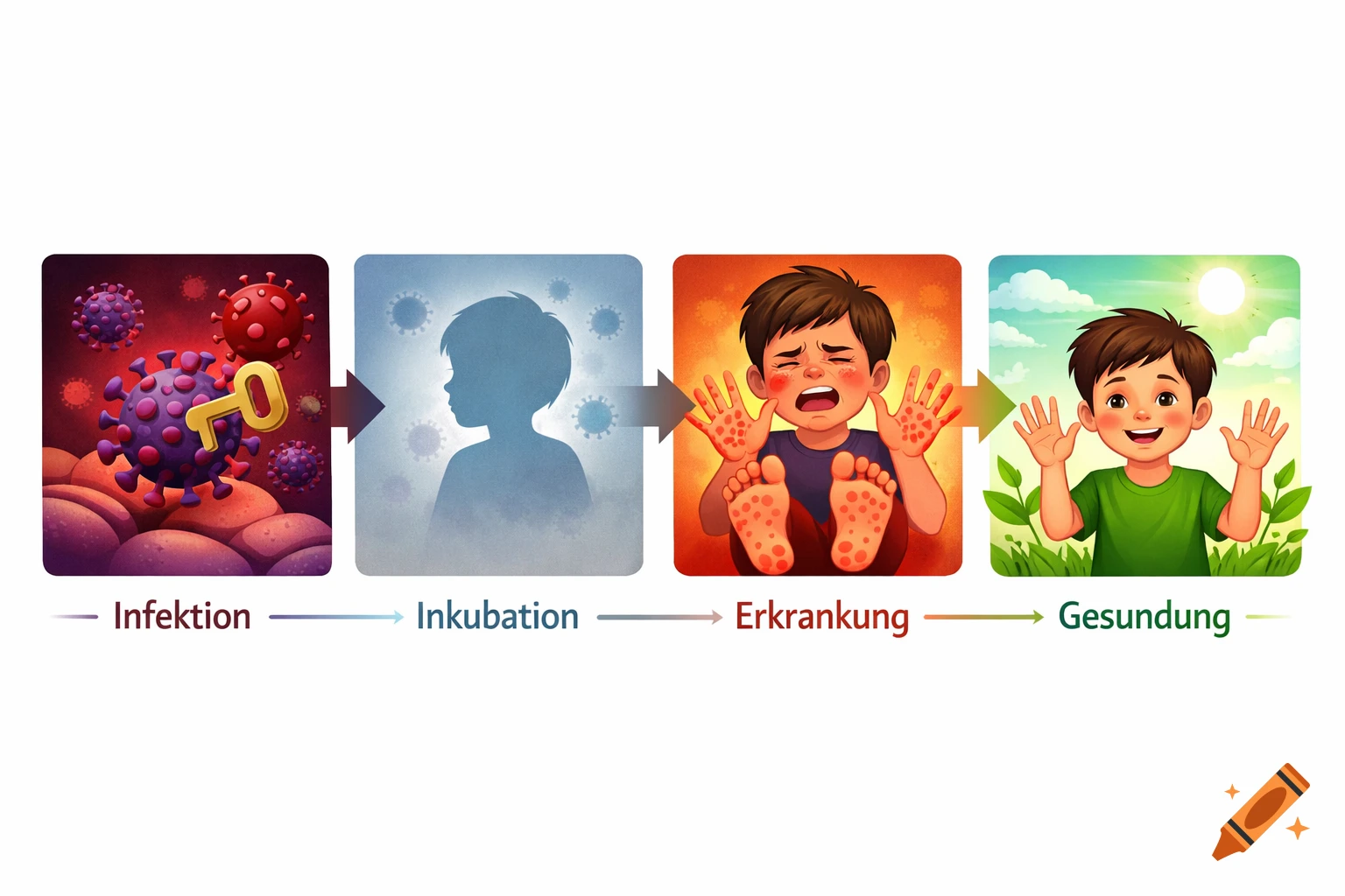 An illustration showing the stages of Hand-Foot-and-Mouth disease: virus infection, child silhouette, sick child with rash, and healthy child.