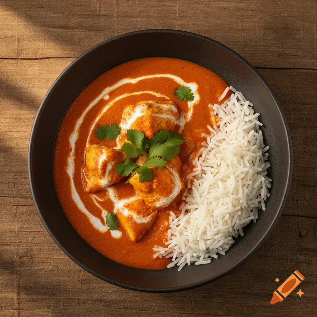 Overhead view of chicken tikka masala with a cream swirl and cilantro, served with basmati rice in a dark bowl on a wooden surface.