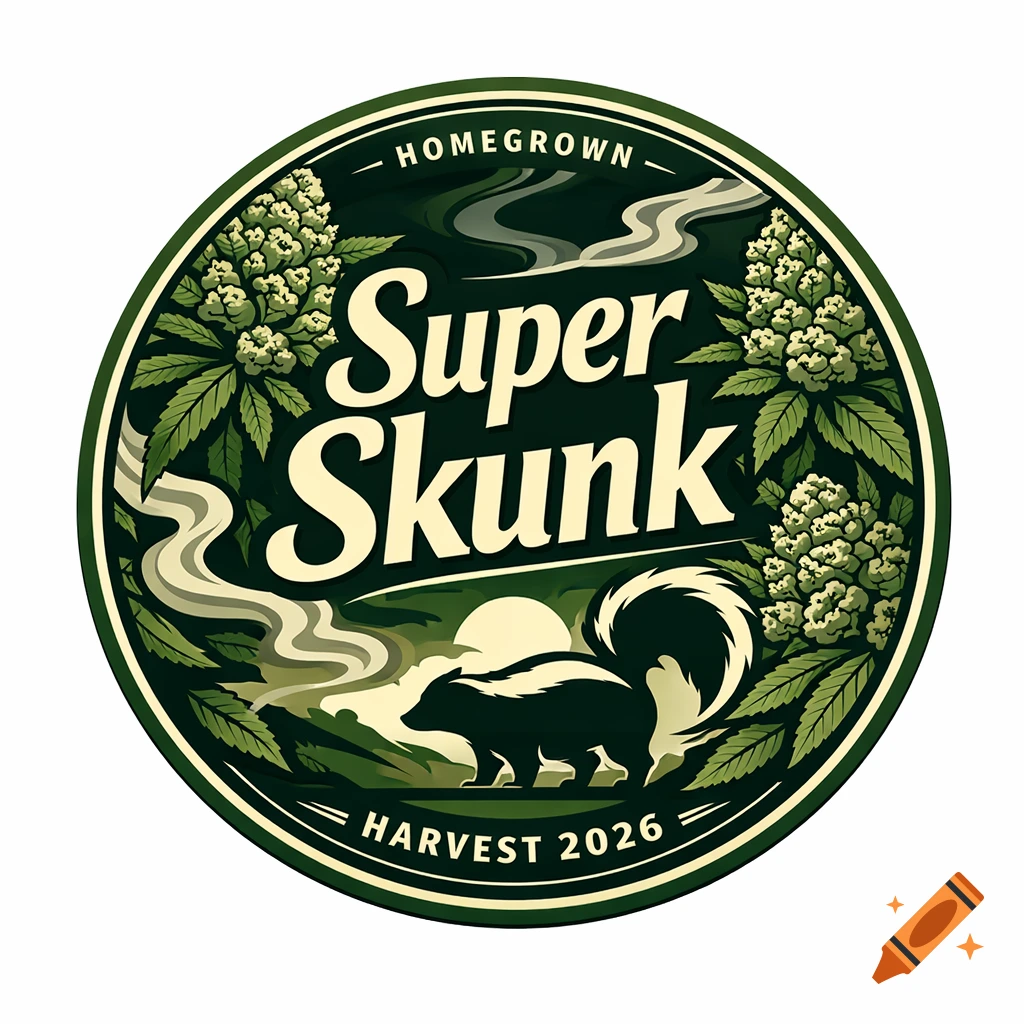 A round Super Skunk cannabis label with a skunk, cannabis leaves, buds, smoke, and text, in a green and cream vector illustration style.