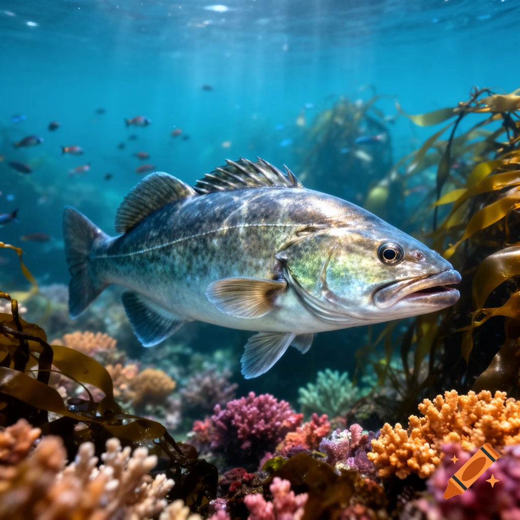 A large fish with patterned scales swims among colorful coral and kelp in clear blue ocean water, with smaller fish in the background.