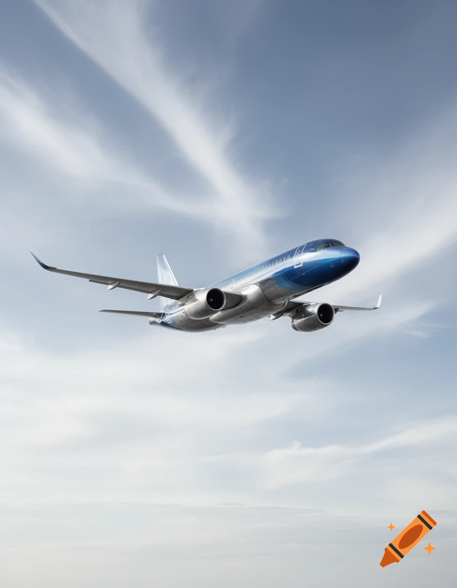 A sleek blue and silver passenger jetliner flying through a bright, slightly cloudy sky.
