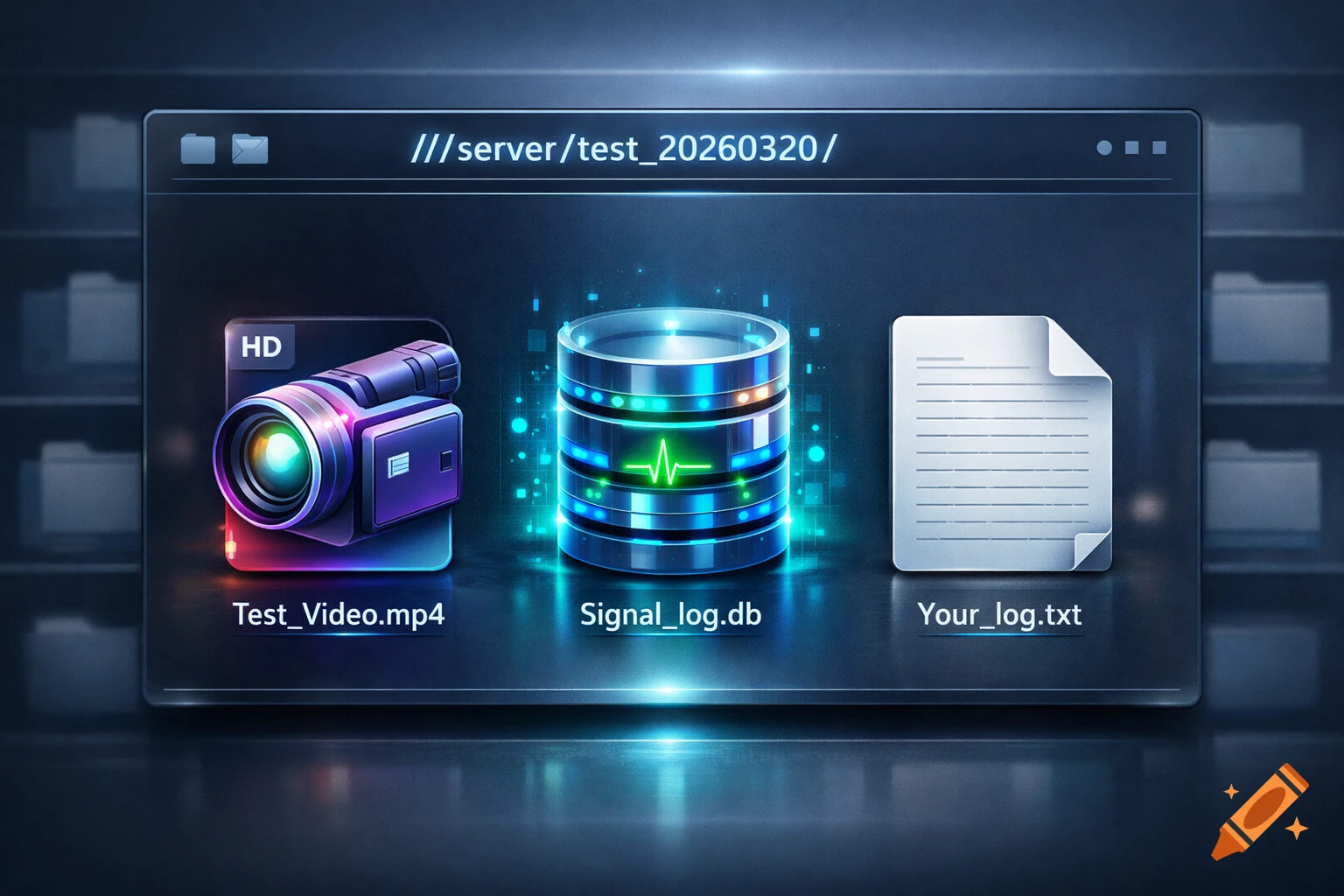 A glowing digital interface displaying a server path and three file icons: video, database, and text document.
