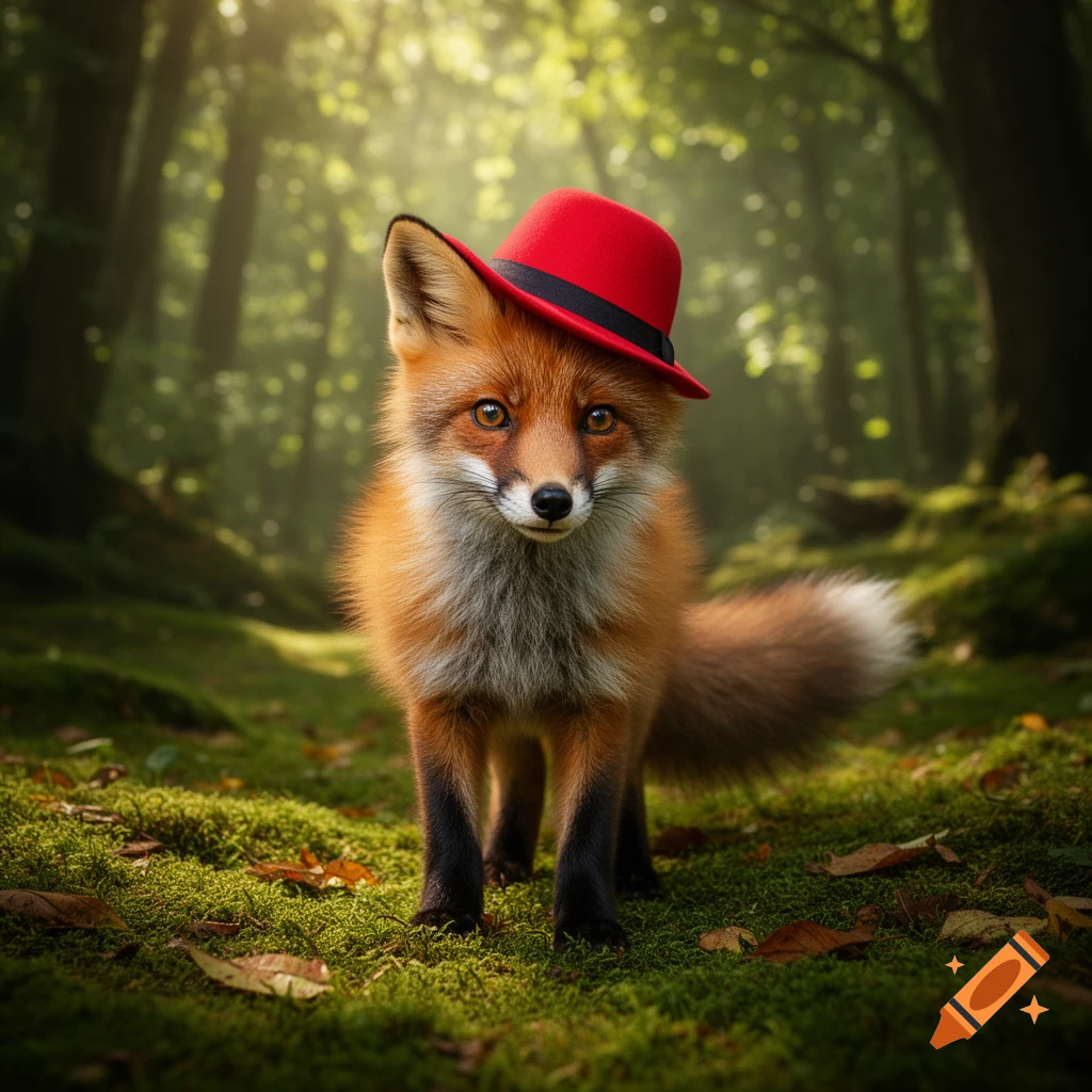 A fluffy red fox wearing a red hat stands on mossy ground in a sunlit forest, looking forward in a photorealistic style.