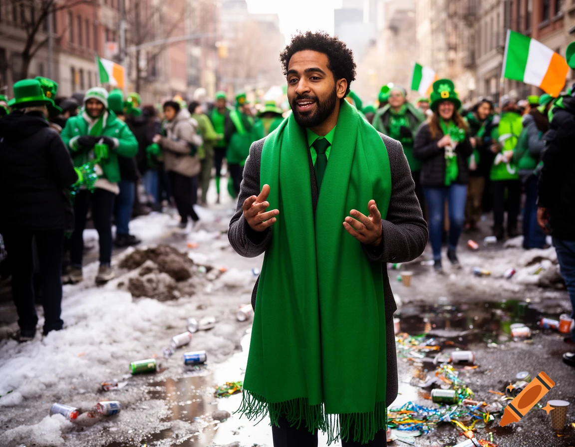 A man in a green scarf and tie smiles during a St. Patrick's Day parade, surrounded by crowds, melting snow, and litter on a city street.