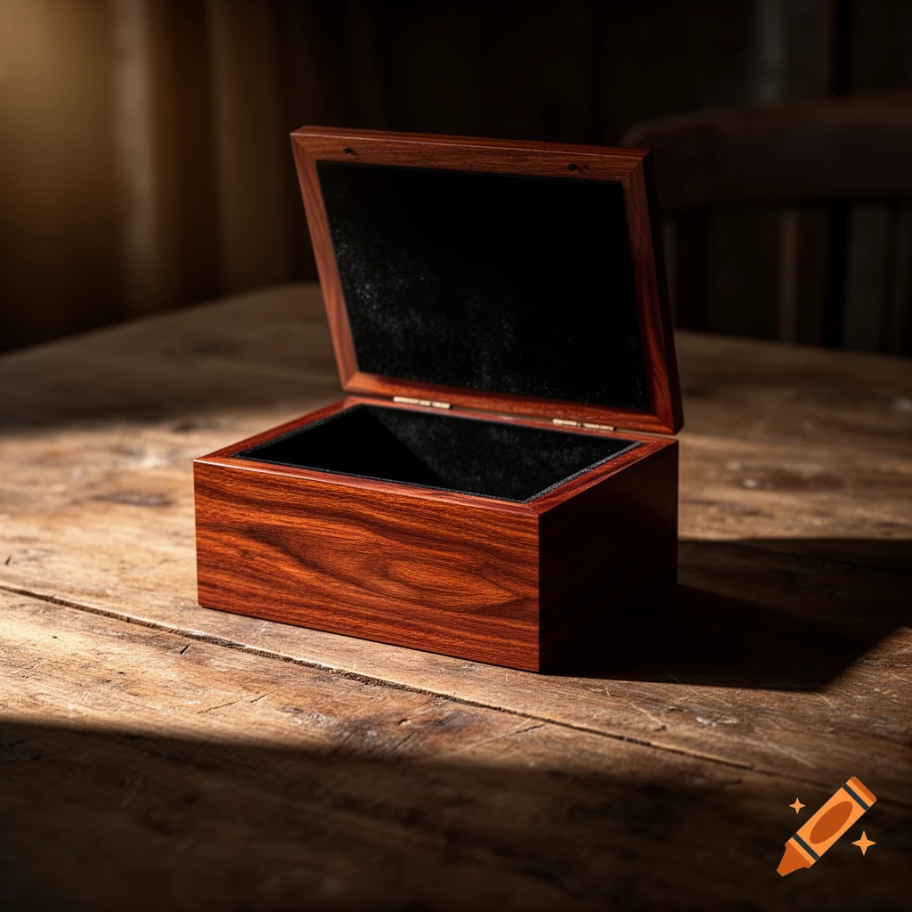 An open, dark reddish-brown wooden box with a black velvet interior sits on a rustic wooden table, illuminated by a beam of light.