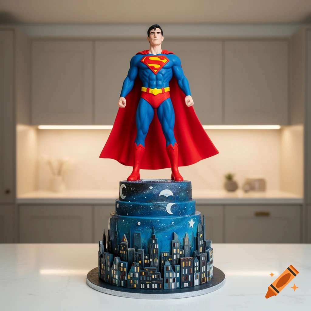 Photorealistic three-tiered cake with a Superman figurine on top, featuring a detailed cityscape base and starry sky layers.