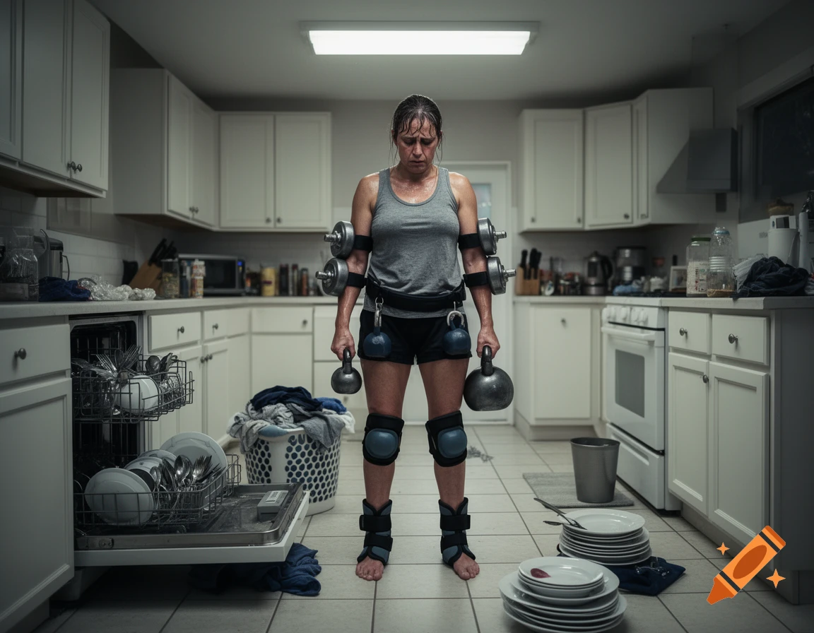 An exhausted woman in a kitchen, wearing various weights on her arms and legs, holding kettlebells amidst dirty dishes and laundry, in a realistic style.