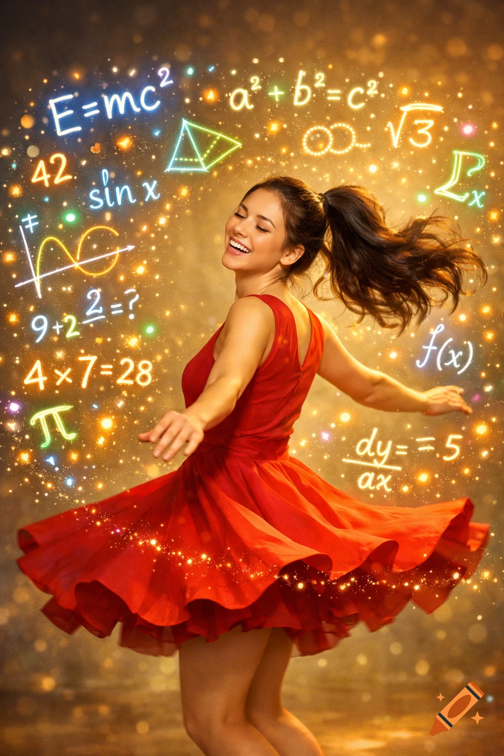A joyful woman in a red dress dances amidst glowing mathematical equations and symbols in a whimsical, semi-realistic style.