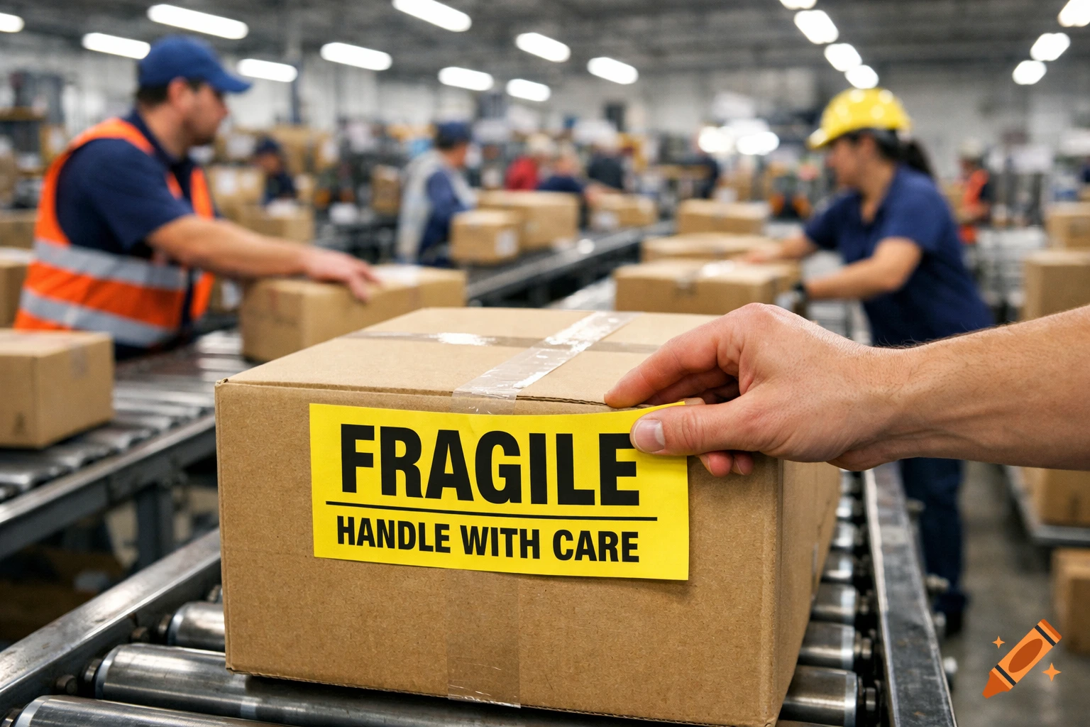 A hand applies a yellow 'FRAGILE HANDLE WITH CARE' label to a cardboard box on a conveyor belt in a busy warehouse.