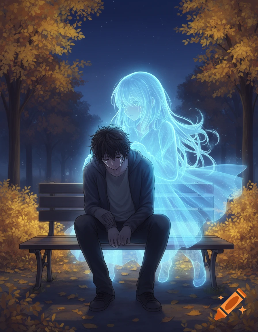 An anime-style illustration of a crying young man sitting on a park bench as a glowing blue ghost girl embraces him.