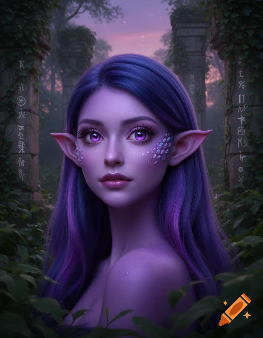 A fantasy portrait of a purple-skinned, elf-like woman with long purple hair and glowing purple eyes, in a mystical forest.