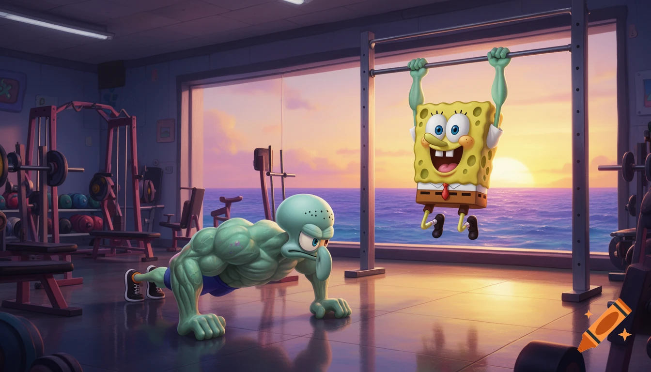 Spongebob doing pull-ups and muscular Squidward doing push-ups in a gym overlooking a sunset sea, in a cartoon style.
