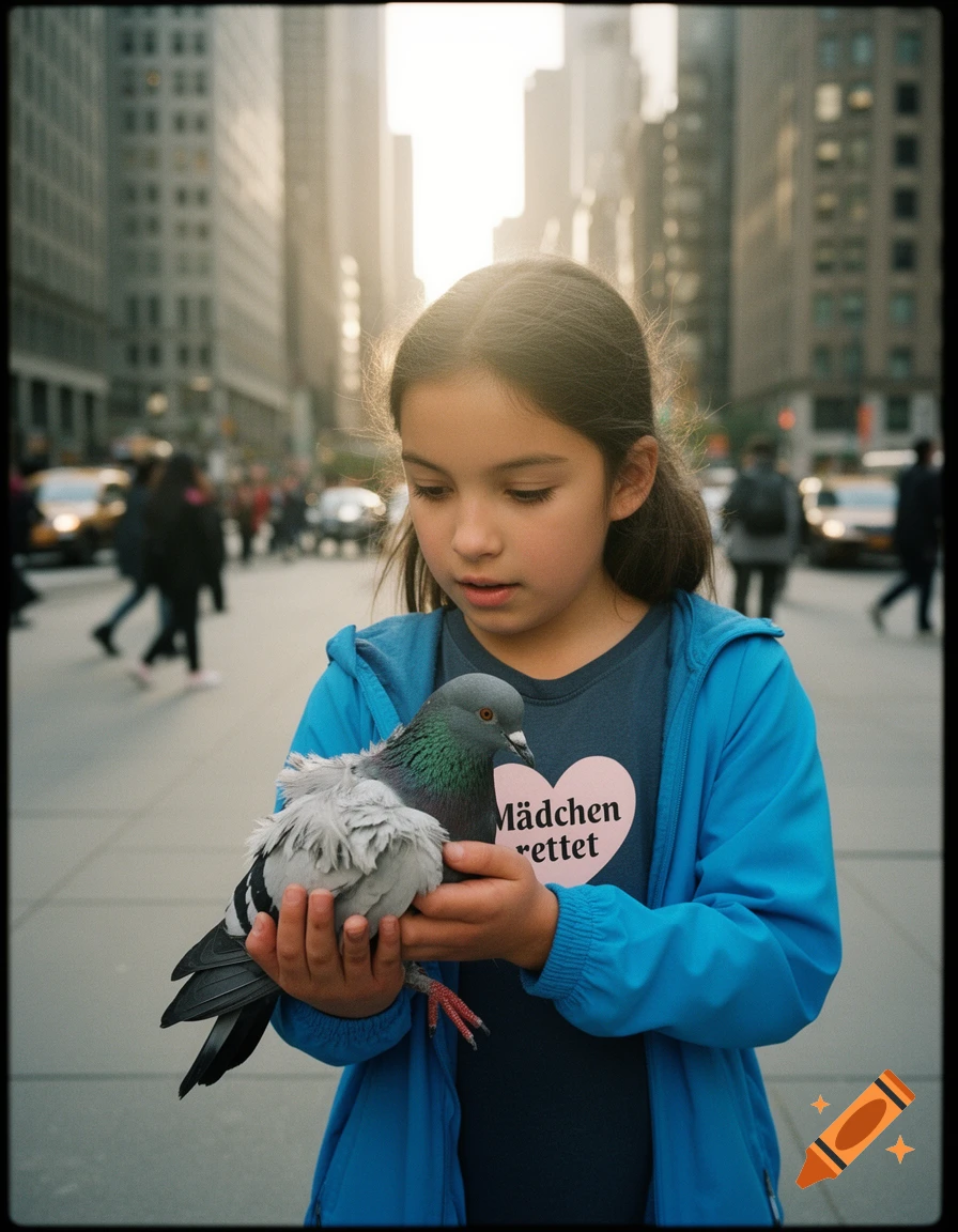 A young girl in a blue jacket gently holds a pigeon in a sunny city street. Photorealistic style.