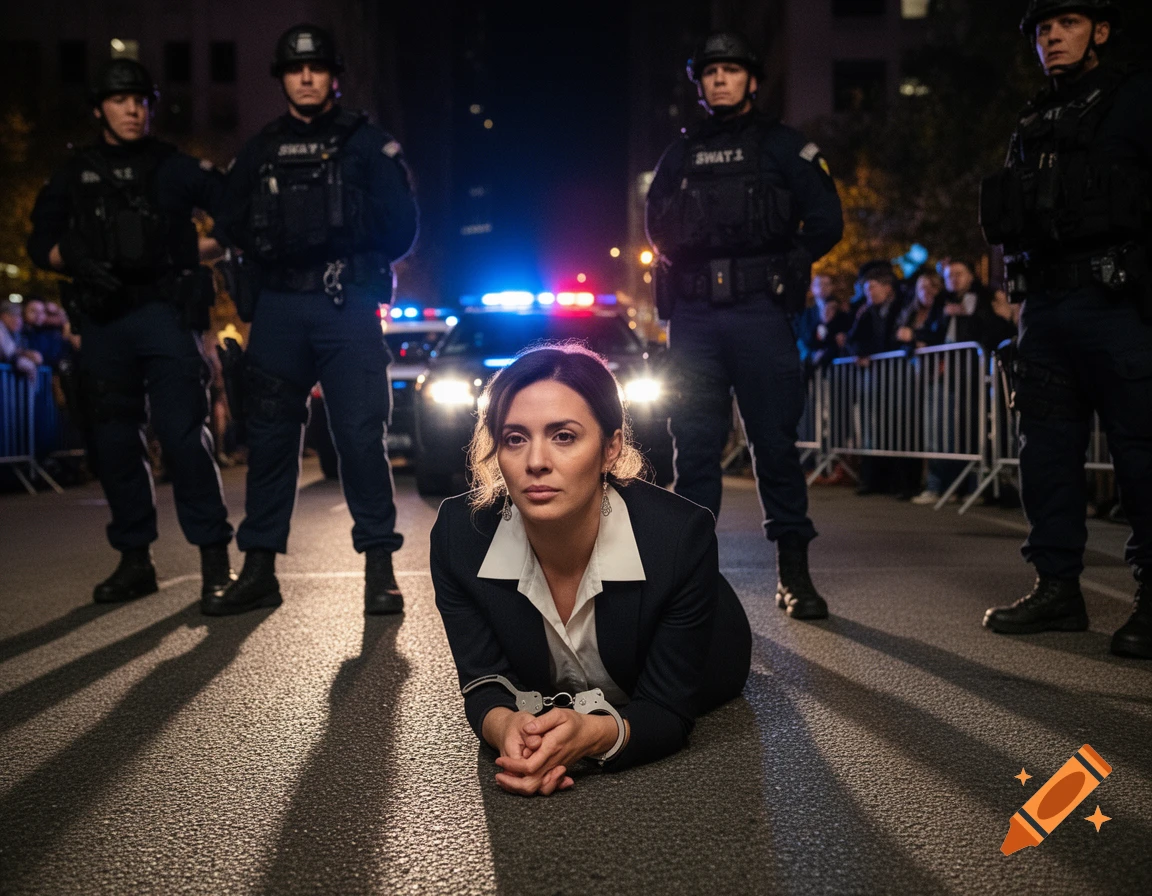 Woman in business suit handcuffed on knees on asphalt, surrounded by SWAT officers and police car at night.