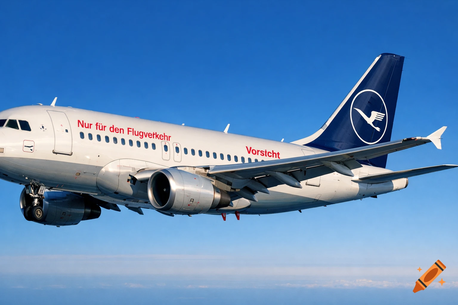A white and blue Lufthansa passenger airplane flying against a clear blue sky, seen from the side.