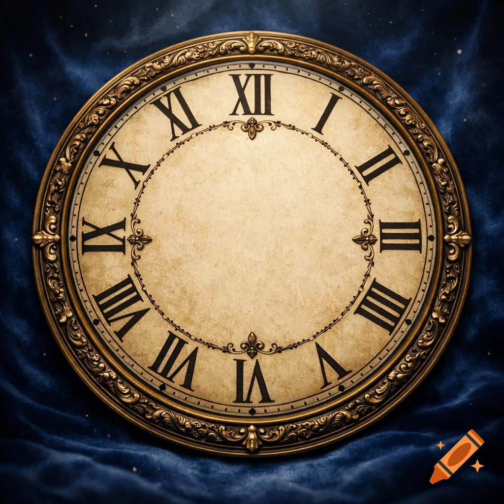 An ornate antique gold clock face with Roman numerals against a deep blue velvet background.