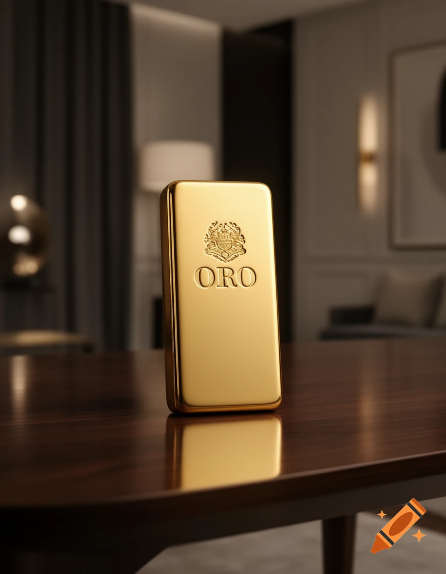 A shiny gold bar with "ORO" and a crest embossed on it, standing on a dark wooden table in a dimly lit, luxurious room.