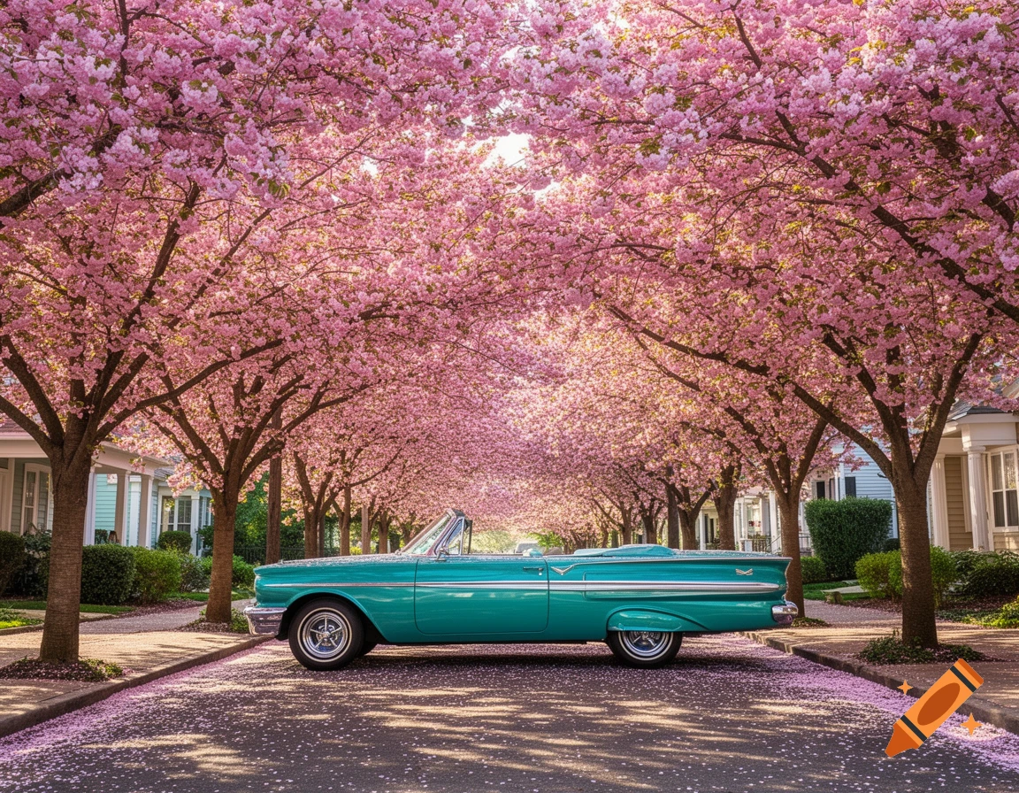 Turquoise classic convertible car parked on a street lined with vibrant pink cherry blossom trees, petals scattered on the asphalt.
