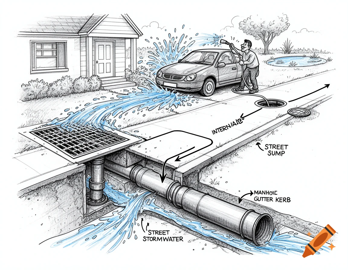 A pen-and-ink sketch diagram of a man washing a car, with water flowing into a stormwater drain and underground pipes.