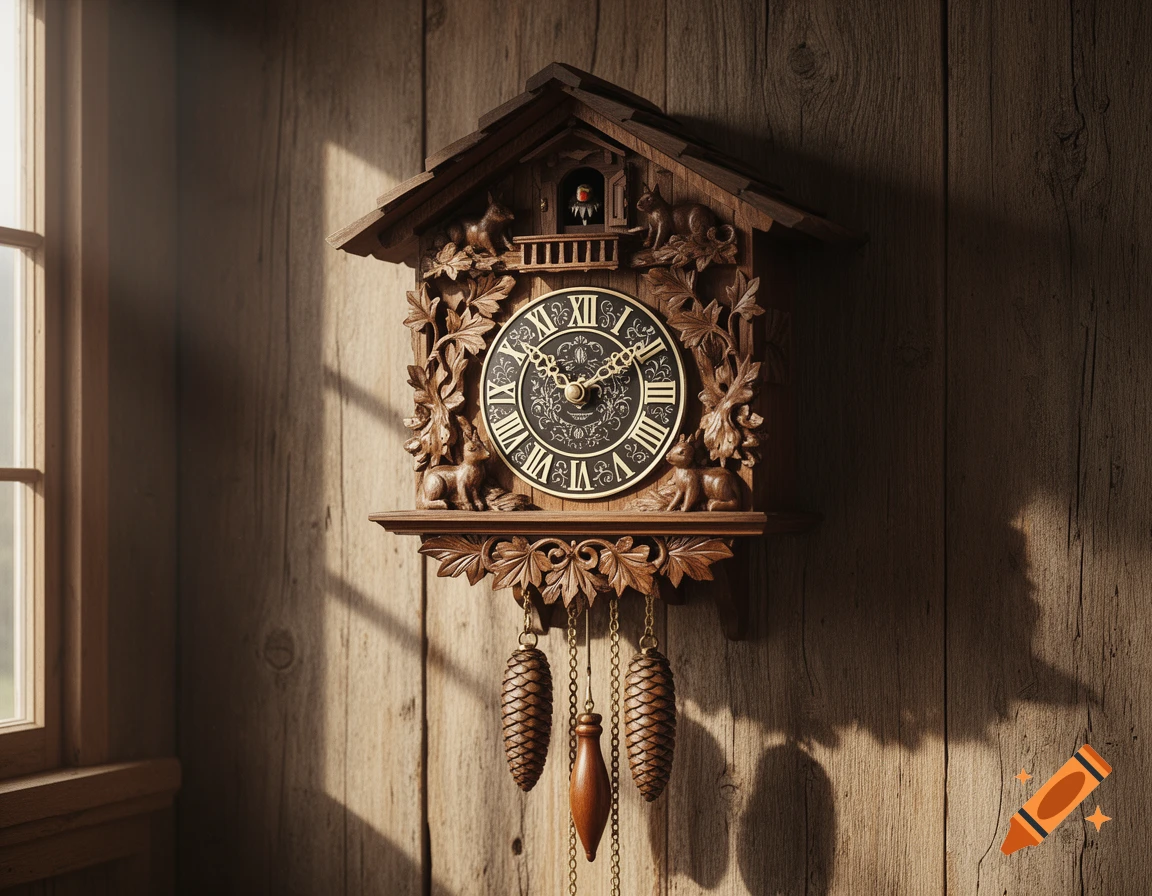 Detailed wooden cuckoo clock with intricate carvings, Roman numerals, and pinecone weights, hanging on a rustic wooden wall with sunlight.