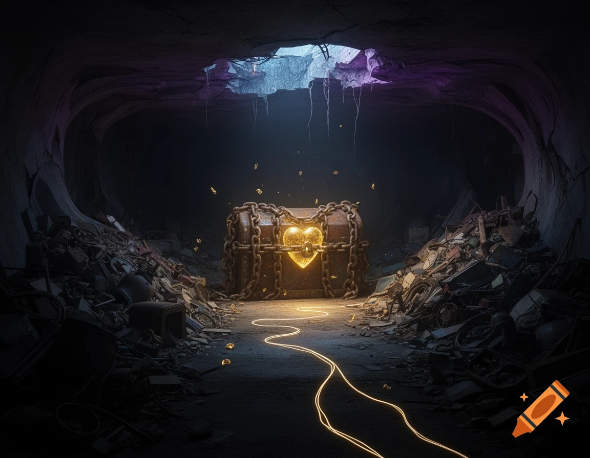 A glowing, chained chest with a heart in a dark, junk-filled surreal underground cave, with a luminous path leading to it.