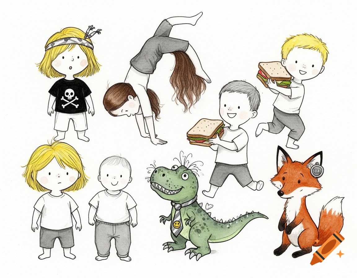 Hand-drawn, cartoon-style illustration of various characters including ...