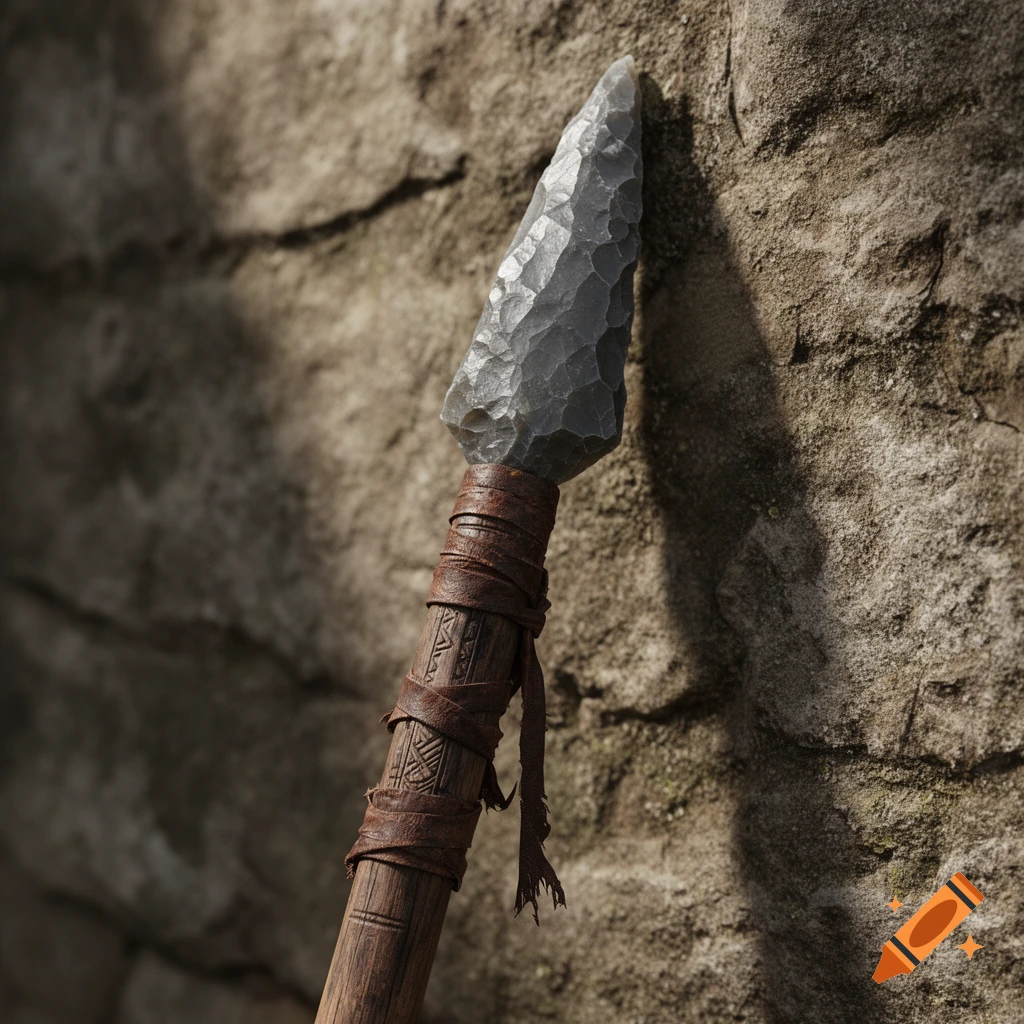 A close-up, photorealistic image of a primitive spear with a chipped stone head and a wooden shaft wrapped in brown leather against a textured rock background.