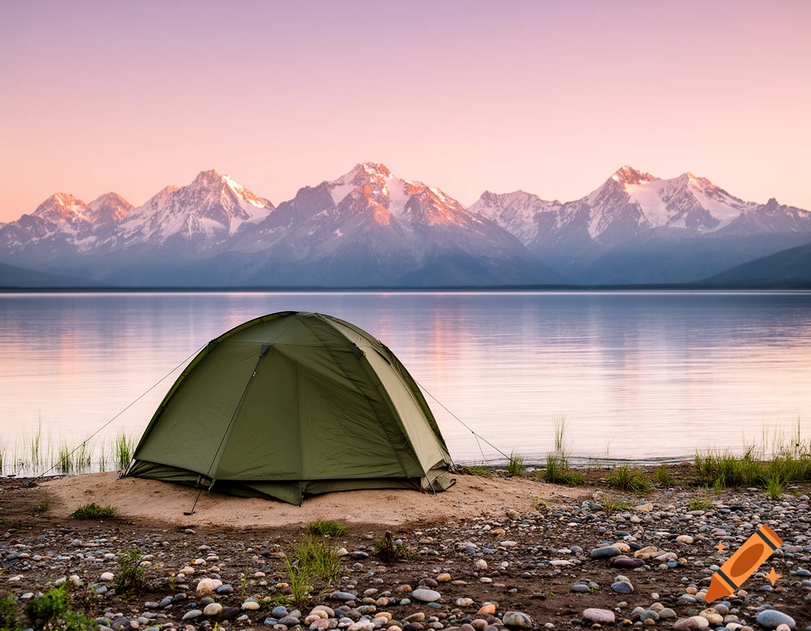 A green camping tent sits on a pebbly shore next to a calm lake, with majestic snow-capped mountains under a pink sunset sky in the background, photorealistic.
