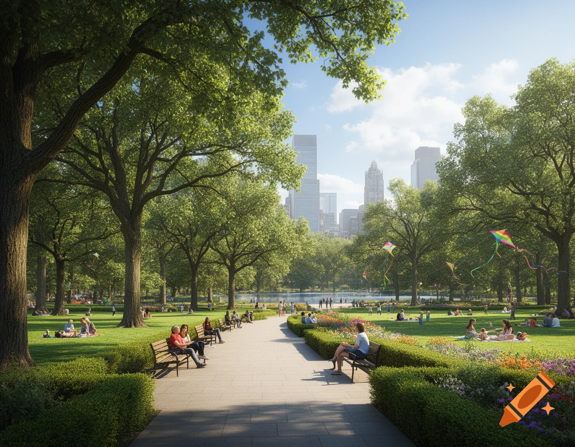 A vibrant city park filled with lush trees, people relaxing on grass and benches, and colorful kites flying against a bright blue sky and distant cityscape.