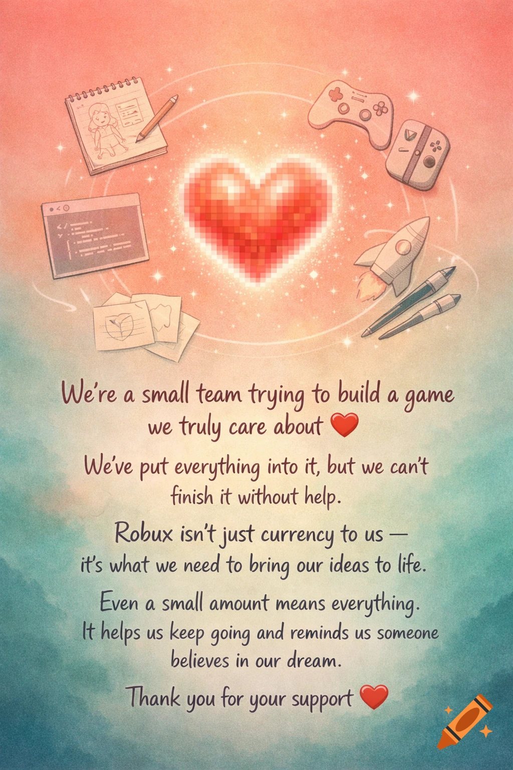 A heartfelt poster with a glowing pixelated heart surrounded by game ...