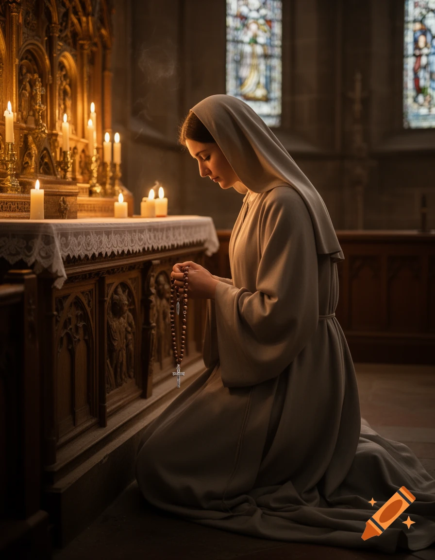 Photorealistic image of a Catholic woman in a habit kneeling in prayer with a rosary in a dimly lit chapel by candlelight.