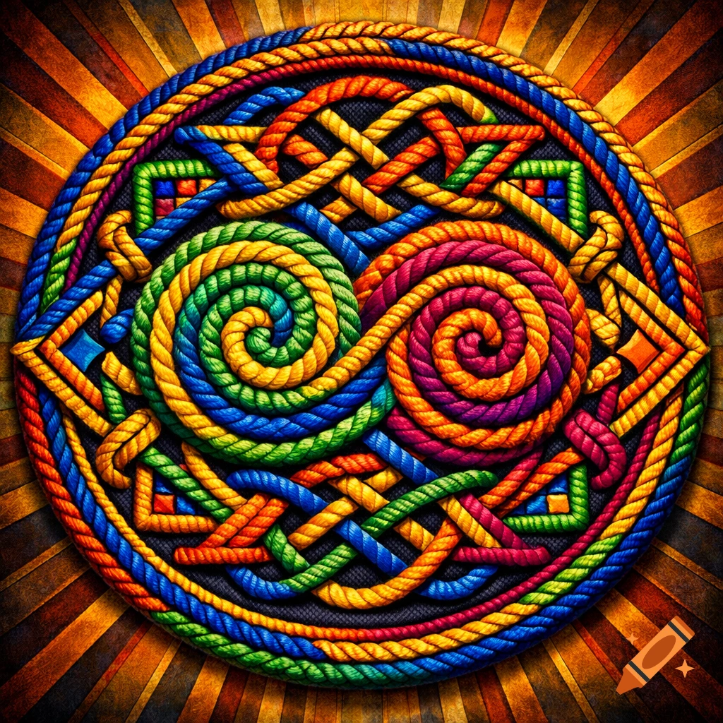 Intricate circular rope art medallion with vibrant Celtic knot-work and spirals on a radiant sunburst background.