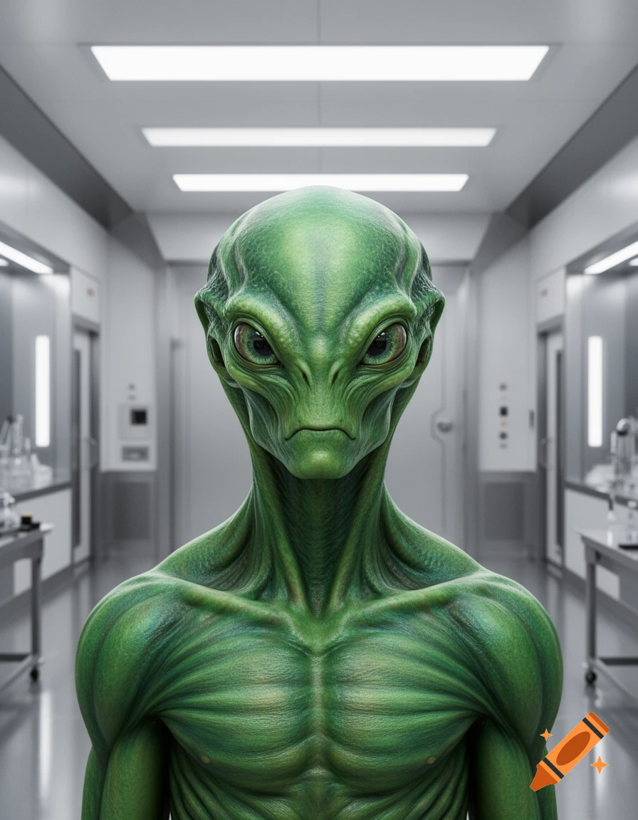 Photorealistic bust of a green alien with large eyes and a muscular build, looking forward in a sterile lab corridor.