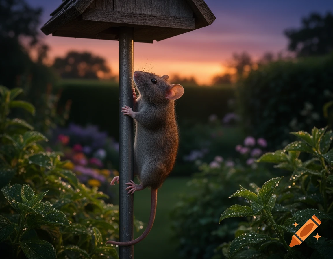 A small brown mouse climbs a metal pole towards a wooden birdhouse roof at sunset in a vibrant garden.