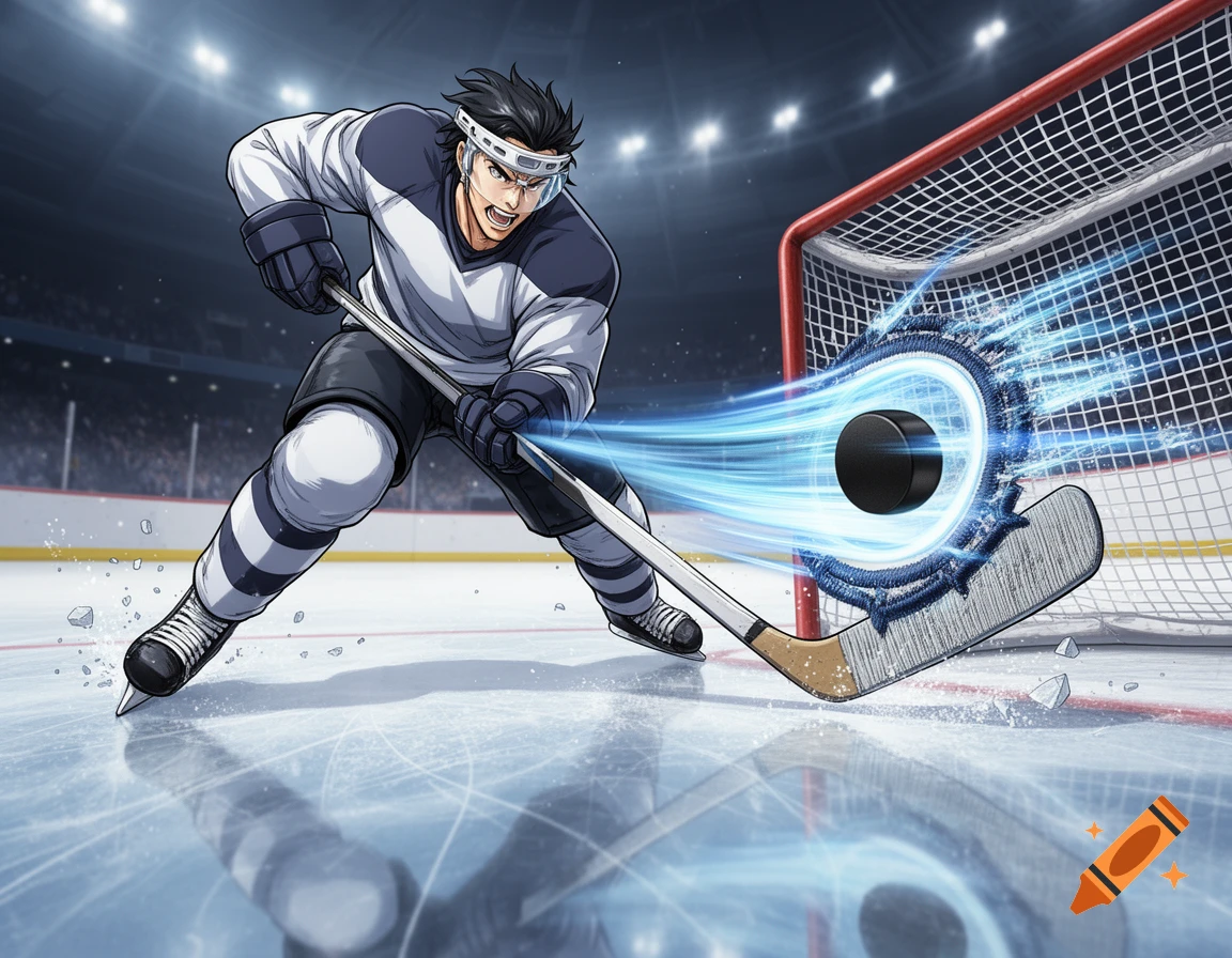 An anime-style hockey player takes a powerful slap shot, sending the puck with a blue energy trail towards the net on an ice rink.