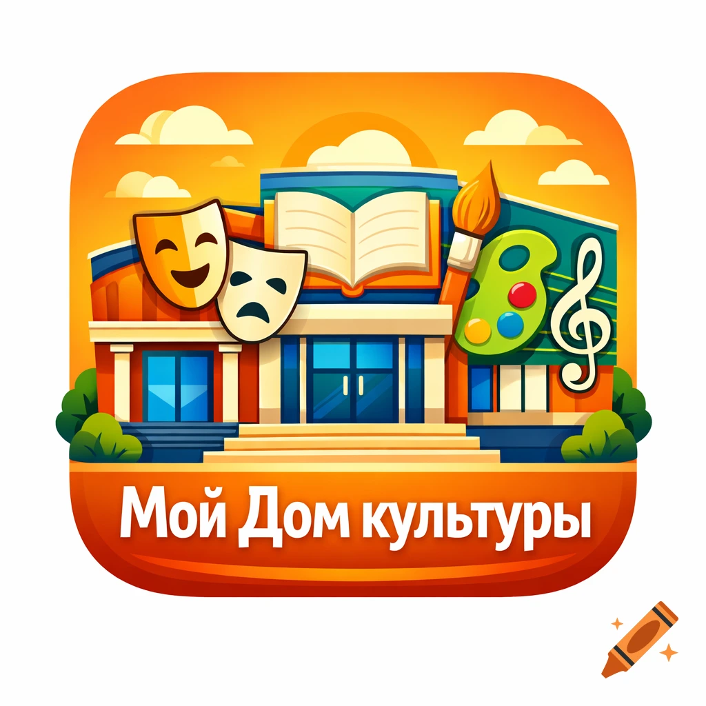 Stylized app icon for 'My House of Culture' with a building, theater masks, open book, paintbrush, palette, and treble clef against an orange sky.