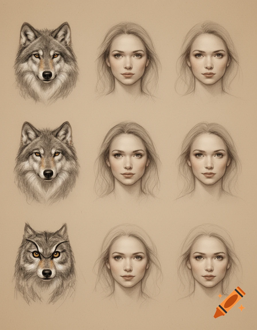A 3x3 grid of pencil drawings featuring three wolf heads and six female human faces on a beige background.