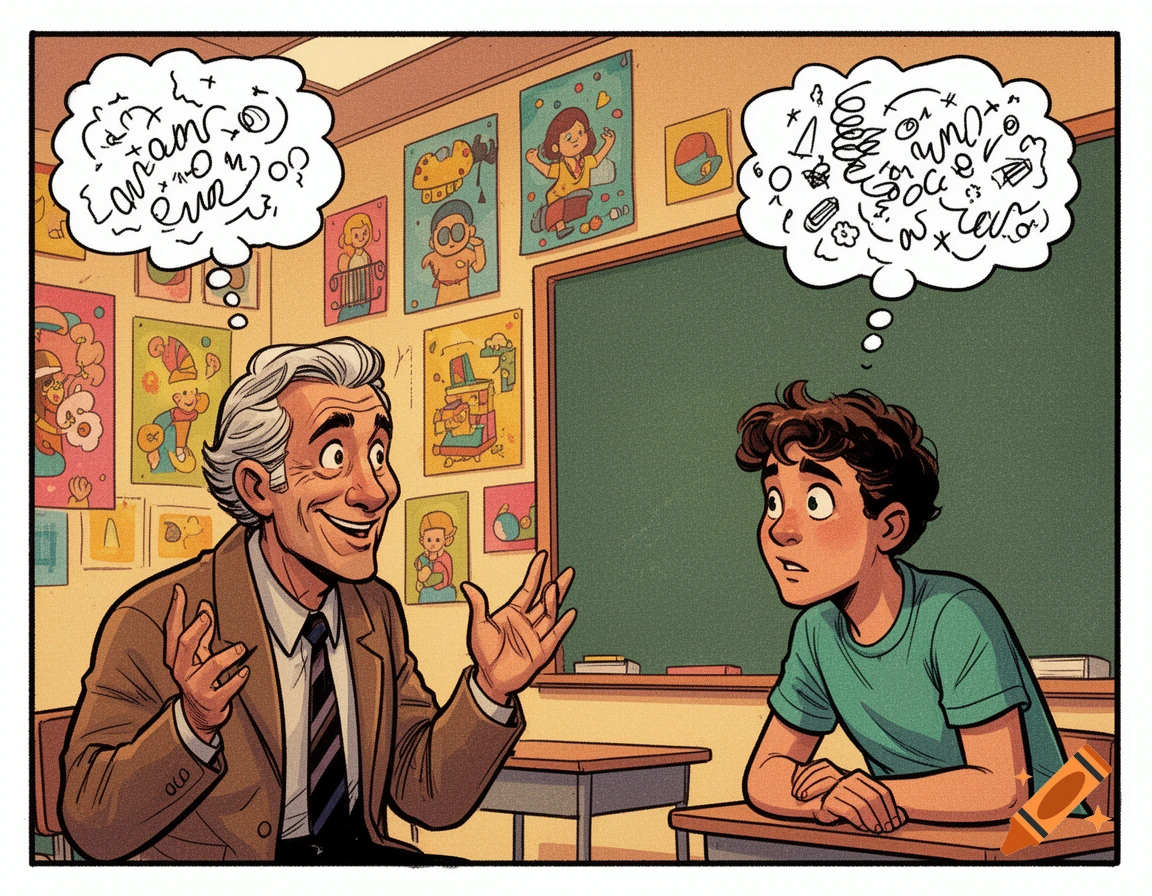 A comic-style illustration of a smiling professor talking to a student ...