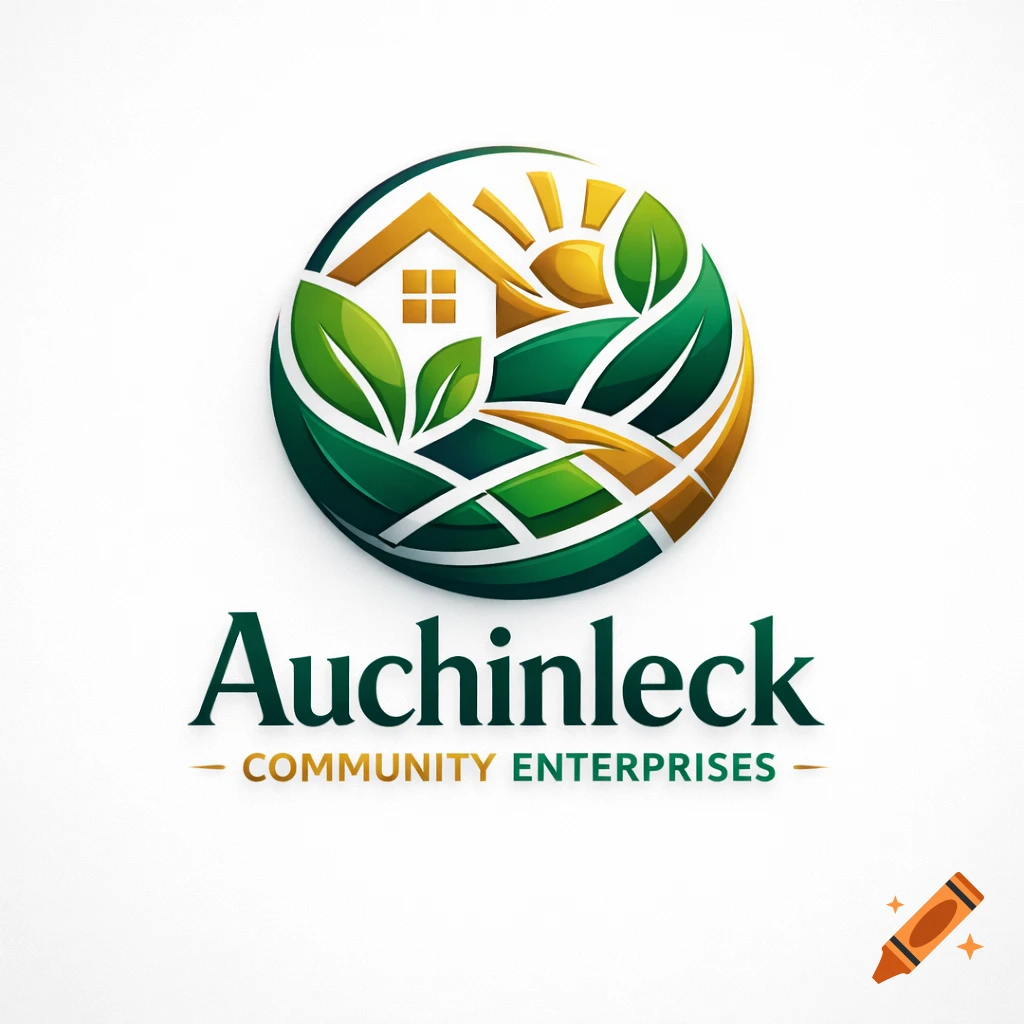 A vibrant round logo featuring a golden house, a shining sun, and green leaves, with "Auchinleck Community Enterprises" below.