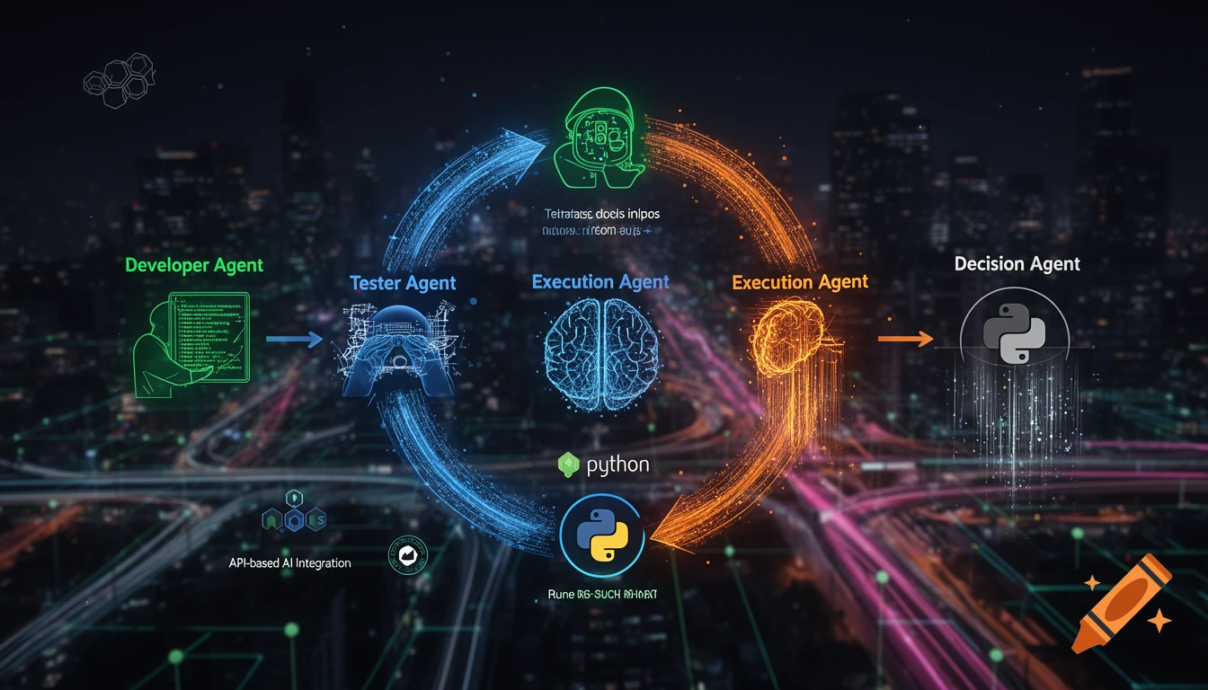 AI-driven software development pipeline diagram with Developer, Tester, Execution, and Decision agents, featuring glowing circuits.