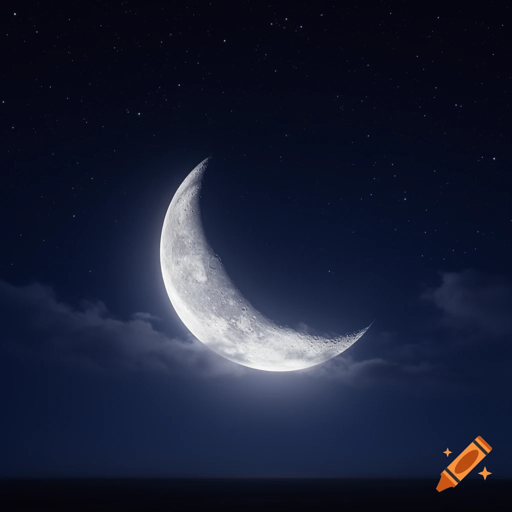 A bright, detailed crescent moon glows in a dark, star-filled night sky with soft clouds and a distant horizon.