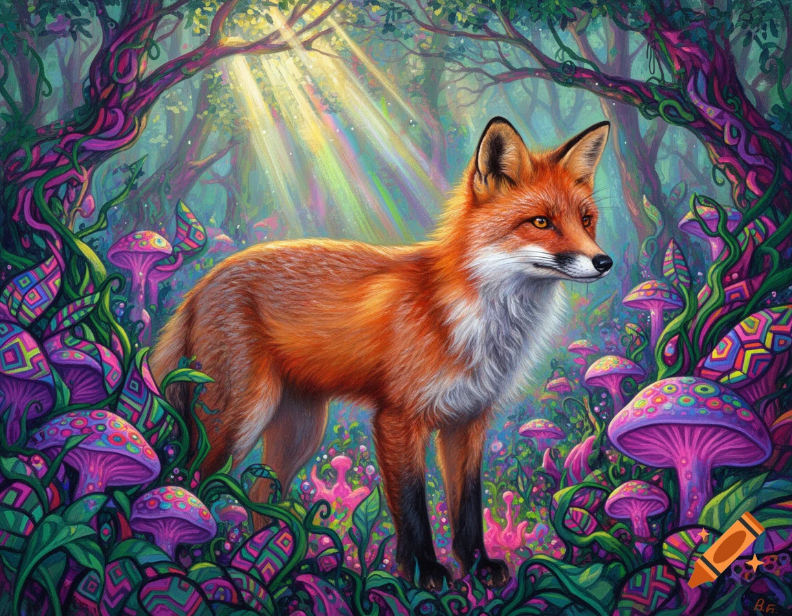 A vibrant red fox stands in a psychedelic forest with luminous trees, glowing mushrooms, and colorful patterns, under bright sun rays.