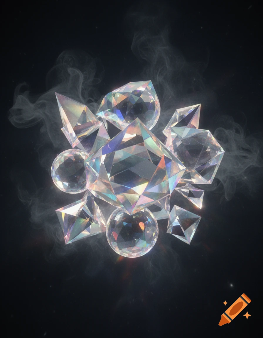 A cluster of clear, faceted crystals and spheres surrounded by swirling white smoke against a dark background.
