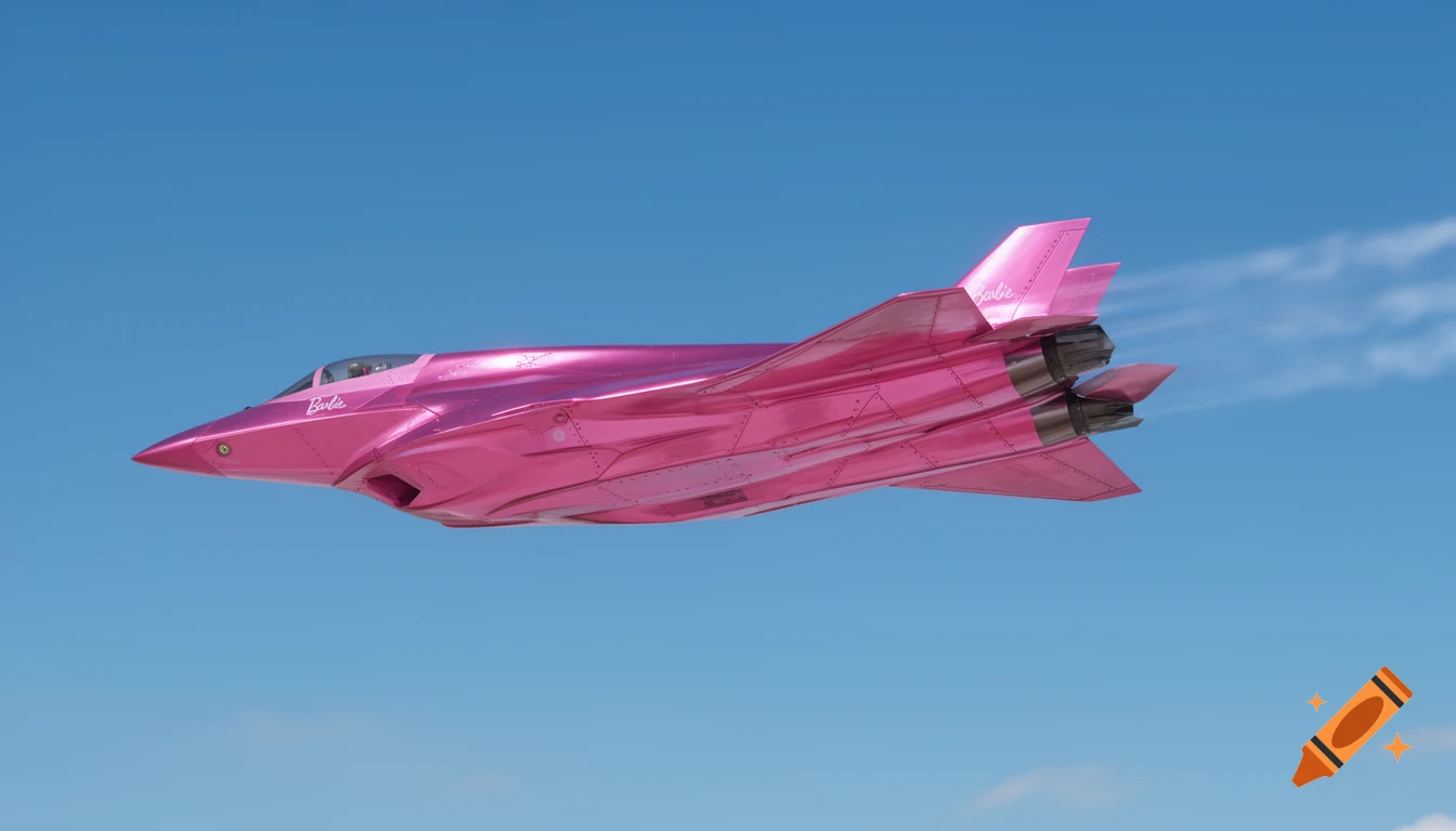A photorealistic pink Barbie stealth jet flying through a clear blue sky.
